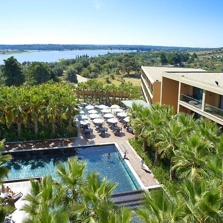 Ap Lago Montargil - Conference & Spa Dış mekan fotoğraf The photo shows a scenic view of a modern hotel or resort. In the foreground, there is a swimming pool surrounded by palm trees, with lounge chairs positioned beside it. Sun umbrellas provide shade over the chairs. The background features a lush land
